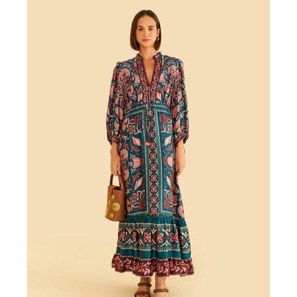 Farm Rio Teal Seashell Tapestry LENZING ECOVERO Viscose Maxi Dress Size S Blue - Picture 1 of 4